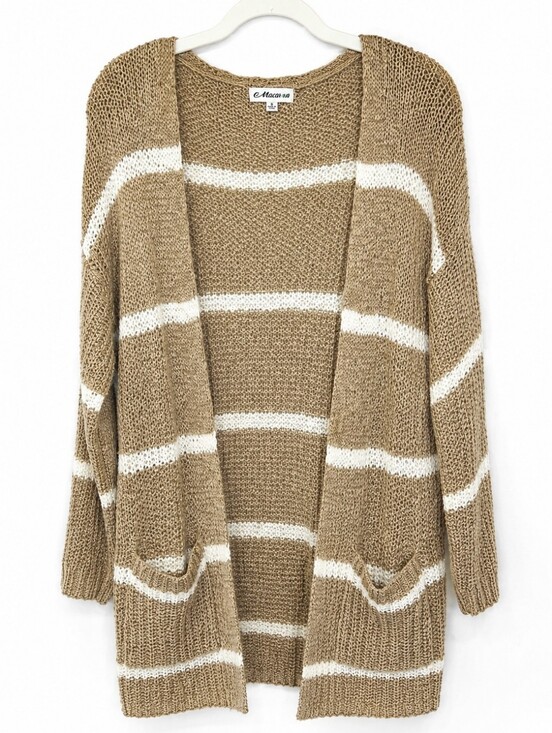 MACARON Sweaters - Macaron Cardigan Sweater Small Neutral Beige White Striped Open Knit Pockets